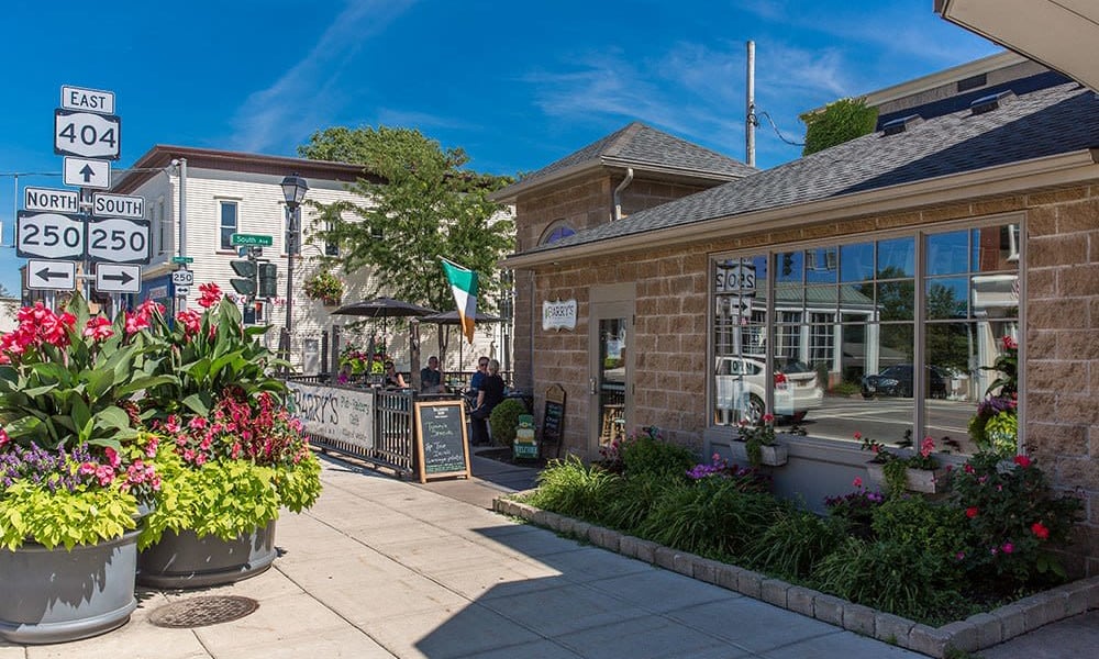 Sunny restaurant patio near The Marquis at the Woods in Webster, New York