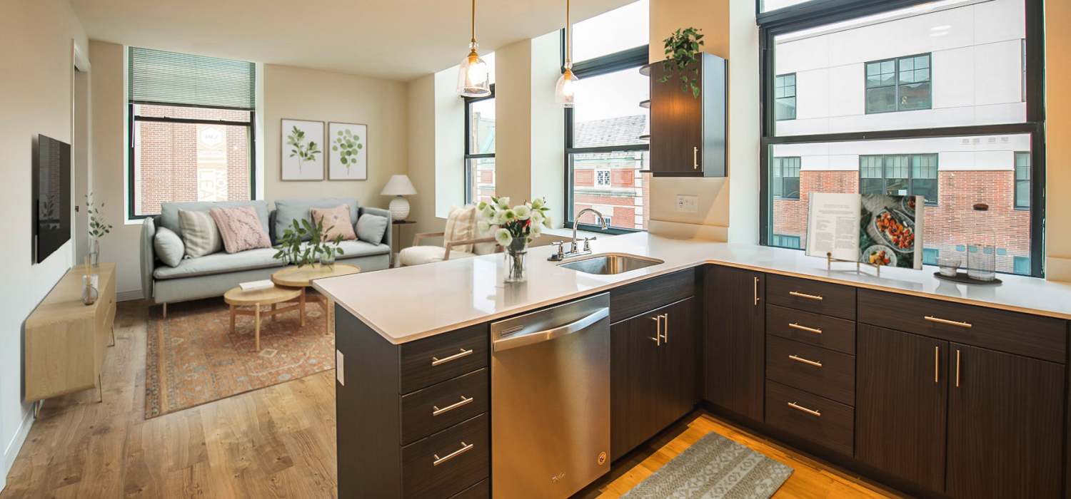 Kitchen island at Reside MKT in Wilmington, Delaware