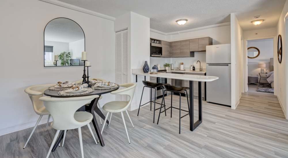 Spacious and well-lit modern apartment with breakfast bar and cozy kitchen at The Otis in Dallas, Texas