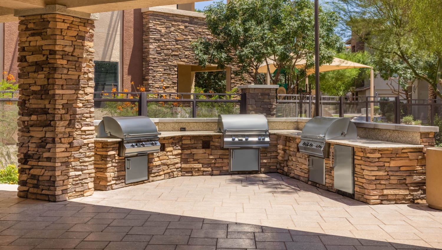 Gas grills for resident use at Vistara at SanTan Village in Gilbert, Arizona