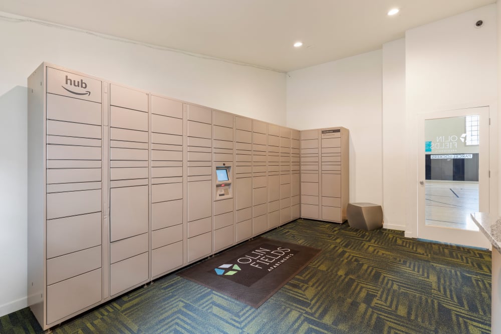 The convenient package room at Olin Fields Apartments in Everett, Washington