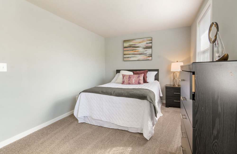 Cozy bedroom with carpeted flooring, queen bed, decorative pillows, and modern nightstand lamp at Fairway Ridge in Baltimore, Maryland