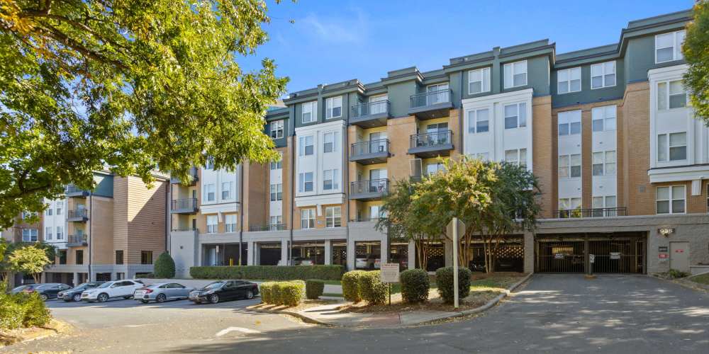 Exterior of the property with parking spaces in the front at Flatiron West Trade in Charlotte, North Carolina