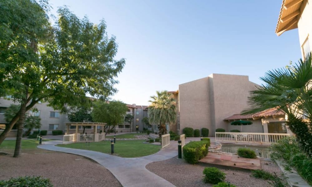 Beautiful landscaped areas at The Grand Court Senior Living in Mesa, Arizona