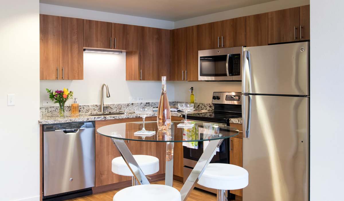Kitchen with appliances at 1010 Pacific in Santa Cruz, California