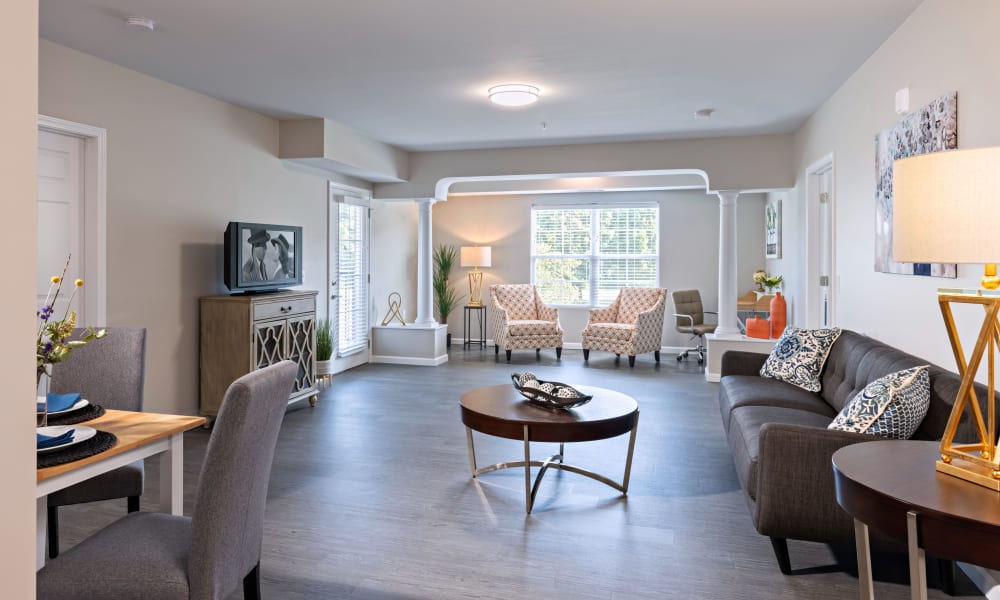 Model living room at Keystone Place at Richland Creek in O'Fallon, Illinois