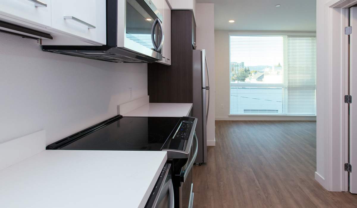 Stainless-steel appliances in the kitchen at The Moran in Oakland, California