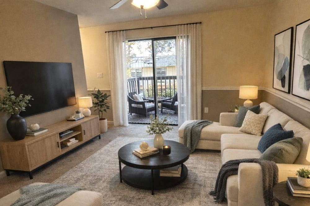 Living room with its premium features at Crossroads Market Apartments in North Augusta,South Carolina
