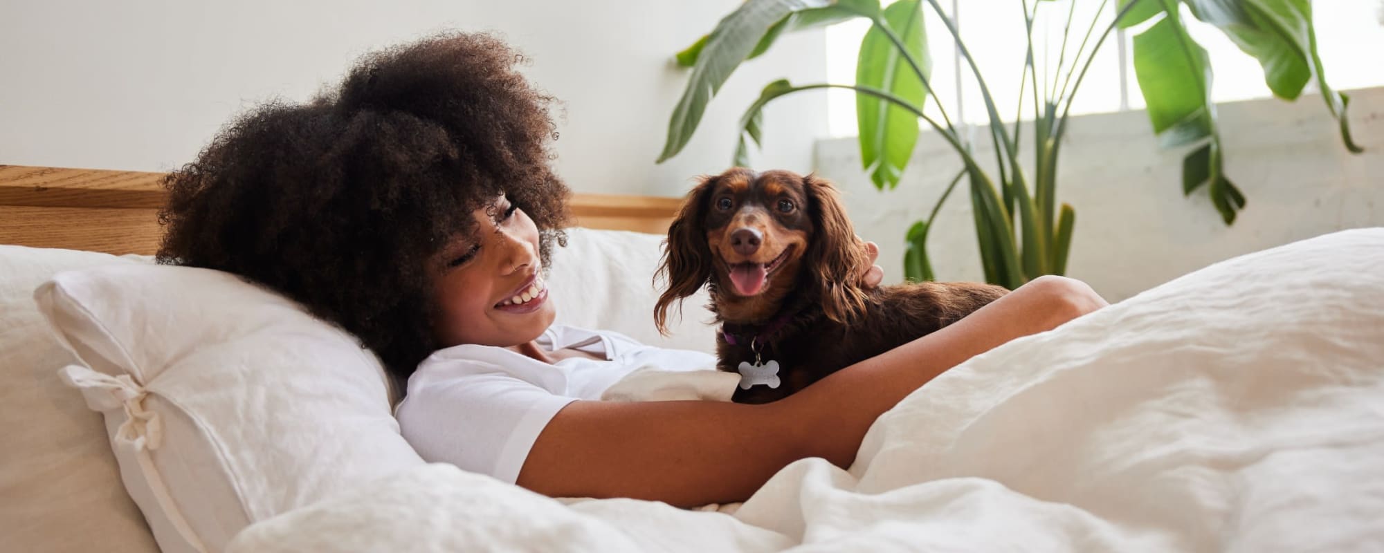 Resident snuggling her long-haired dachshund at Elms at the Refuge in Laurel, Maryland