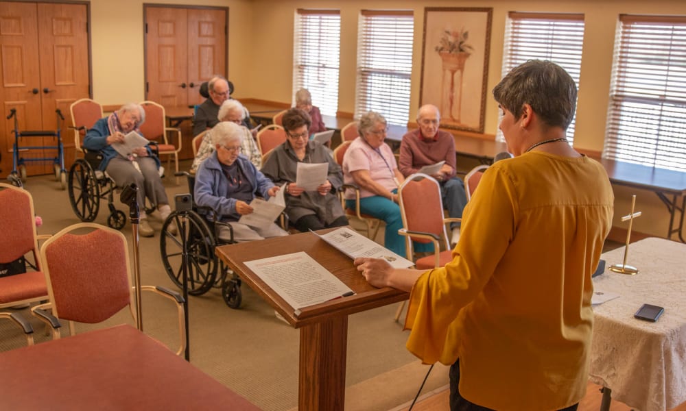 Residents in the chapel at Deer Crest Senior Living in Red Wing, Deer Crest Senior Living