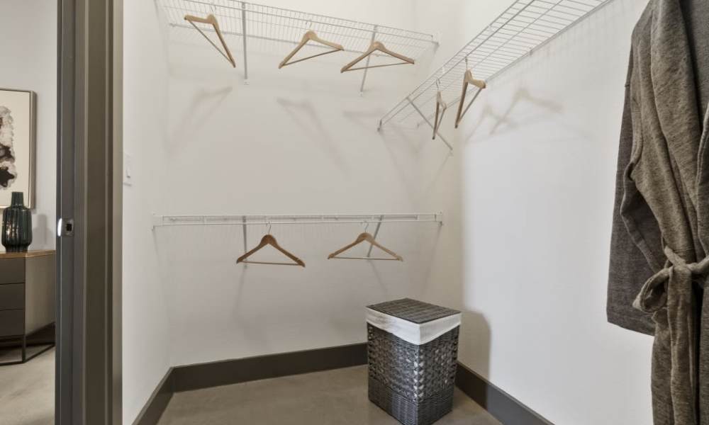 Walk-in closet with rack and basket at Millennium Place in Corinth, Texas