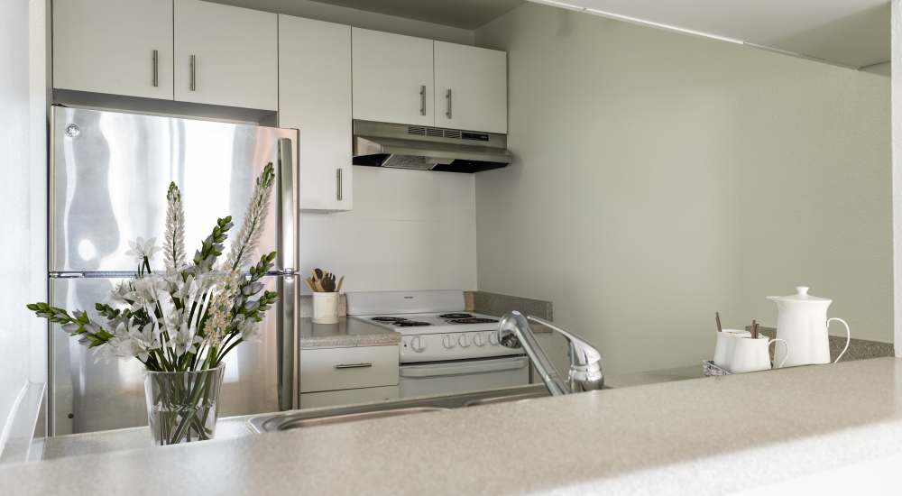 Kitchen with stainless-steel appliances at Metropolitan Park Apartments in Seattle, Washington