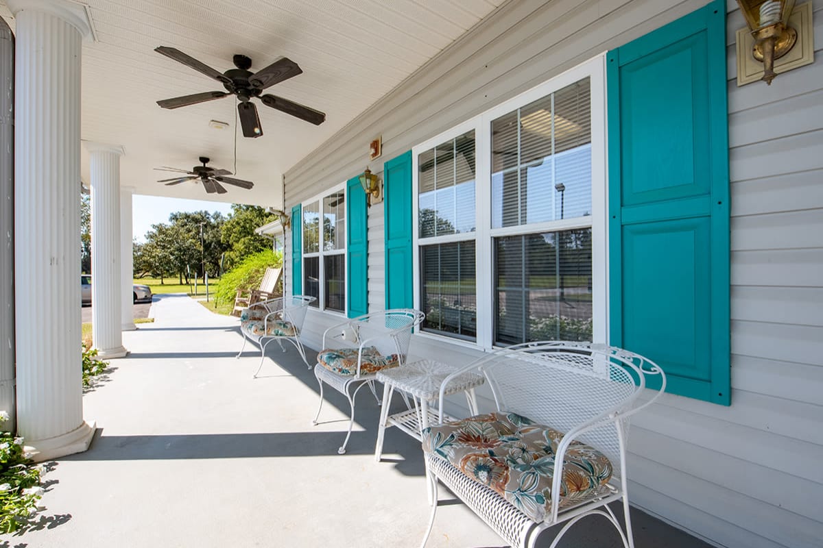 Covered front porch at Trustwell Living at Bailey Place in Bunkie, Louisiana