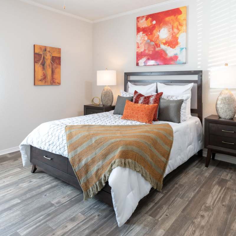 Bedroom with sophisticated design at Copper Chase in Arlington, Texas