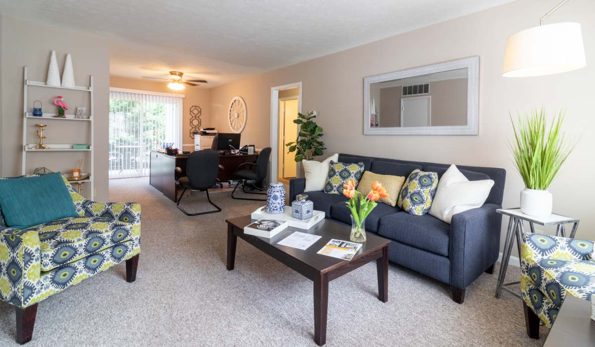 Model apartment living room at Berkshire and Barter Court Apartments in Charlottesville, Virginia
