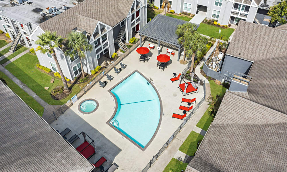 aerial view of the pool and patio The Estates at Avenstar in Houston, Texas