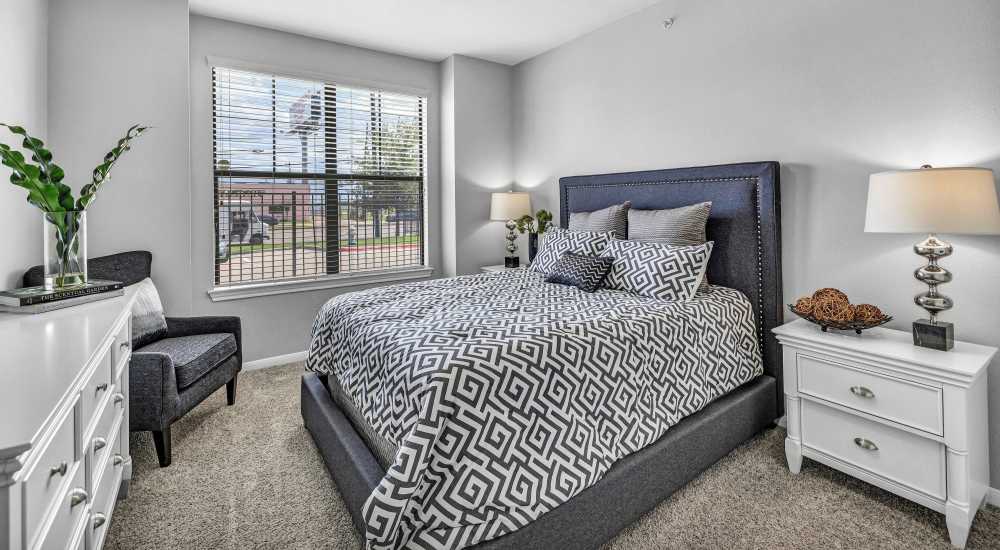 Bedroom with window at The Milo on Westheimer in Houston. TX