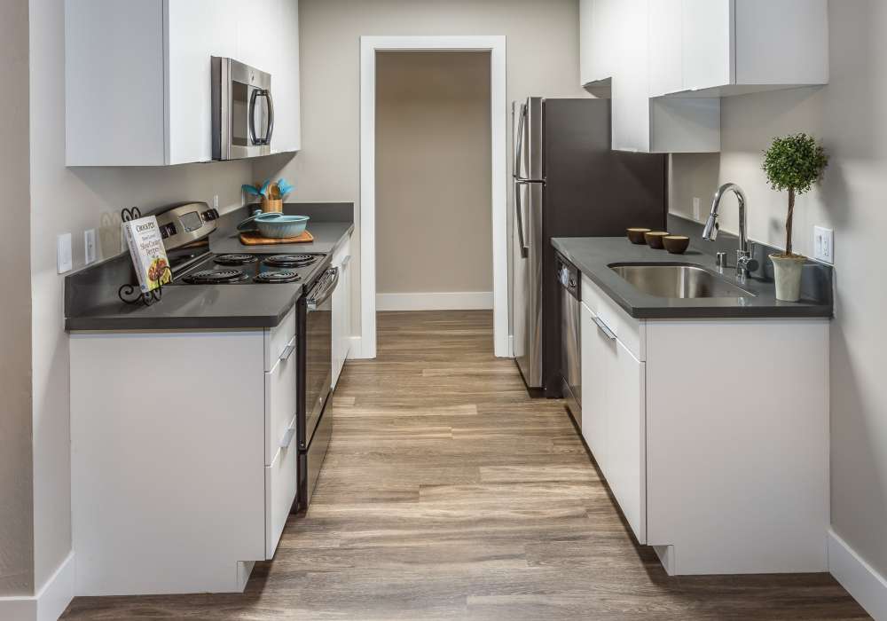 Harbor Cove Apartments in Foster City, California, offer clean and bright kitchens