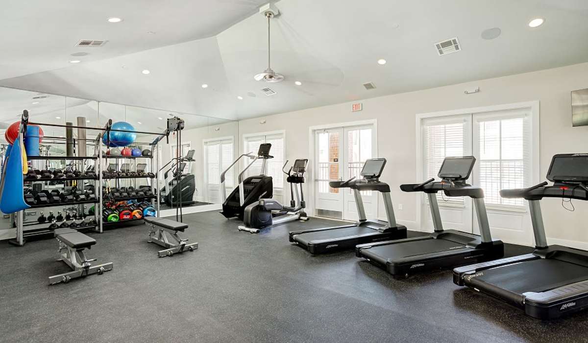 Modern gym with treadmills and free weights at City Limits Apartments in Columbia, Tennessee