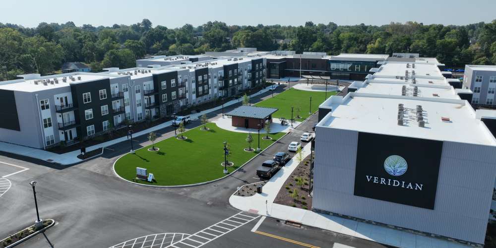 Public event lawn and new Delhi REC Center surrounded by the apartments at Veridian in Cincinnati, Ohio