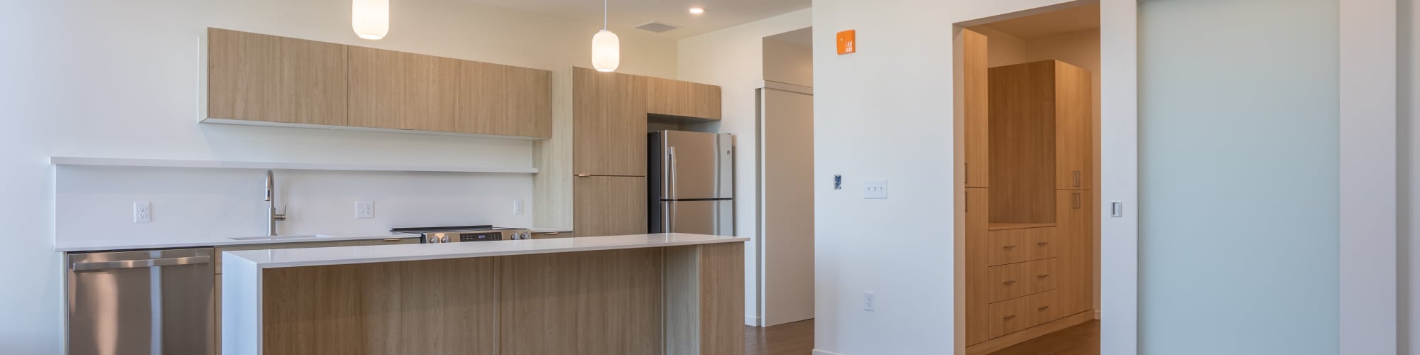 View of the modern kitchen from the living room at Residences at 111 Lyon in Grand Rapids, Michigan