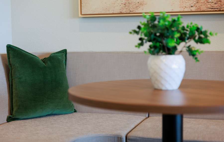 Cozy seating area with green pillow and decorative plant on a round table at Preserve at Gresham Lake in Raleigh, North Carolina