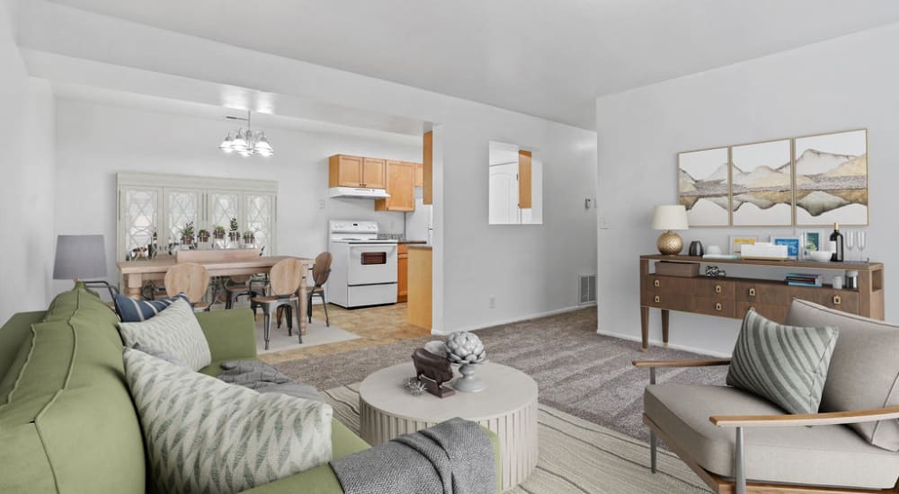 A furnished apartment living room at Chadds Ford Apartments in Midvale, Utah