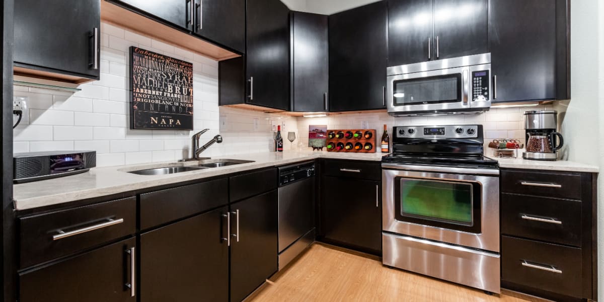 Modern style kitchen with stainless steel appliances at Marquis at the Reserve in Katy, Texas