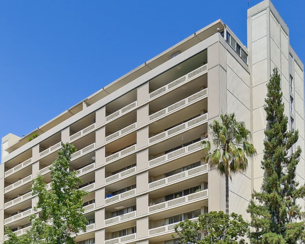 Exterior of high-rise apartments at The Marc, Palo Alto in Palo Alto, California