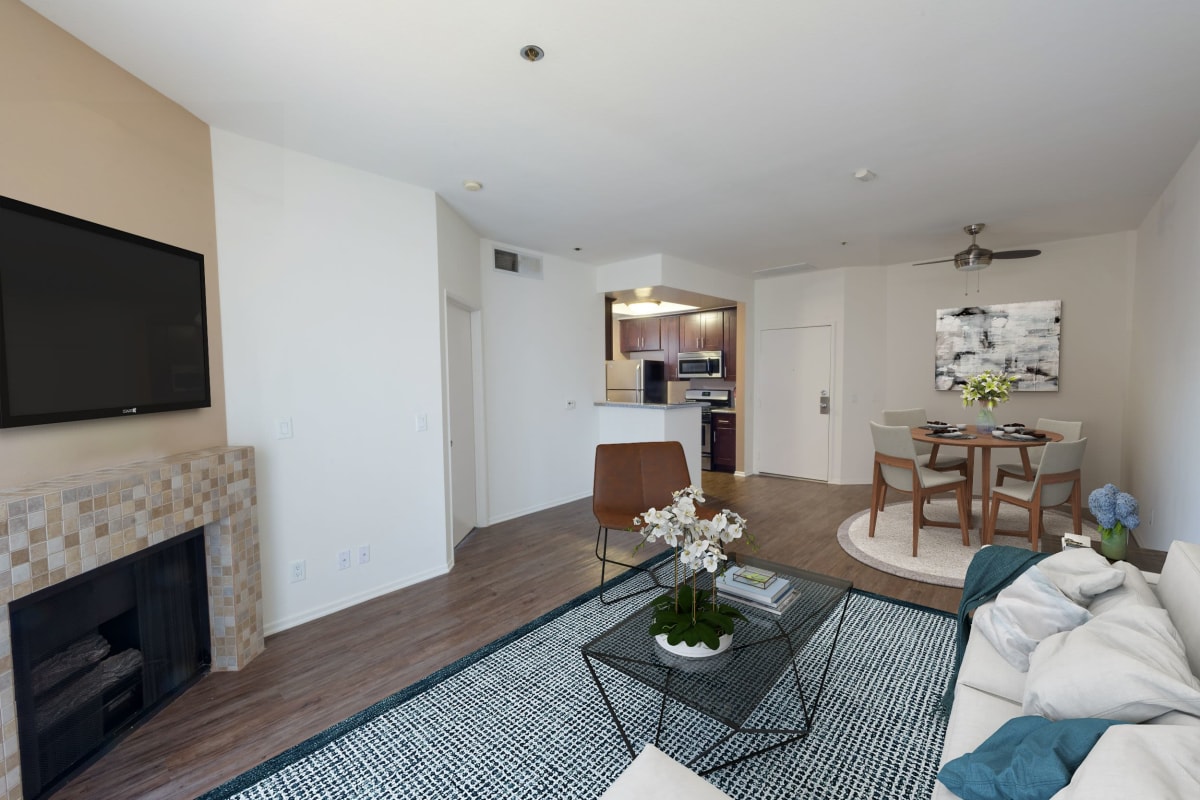 Apartment with fireplace at The Joshua Apartments, Los Angeles, California