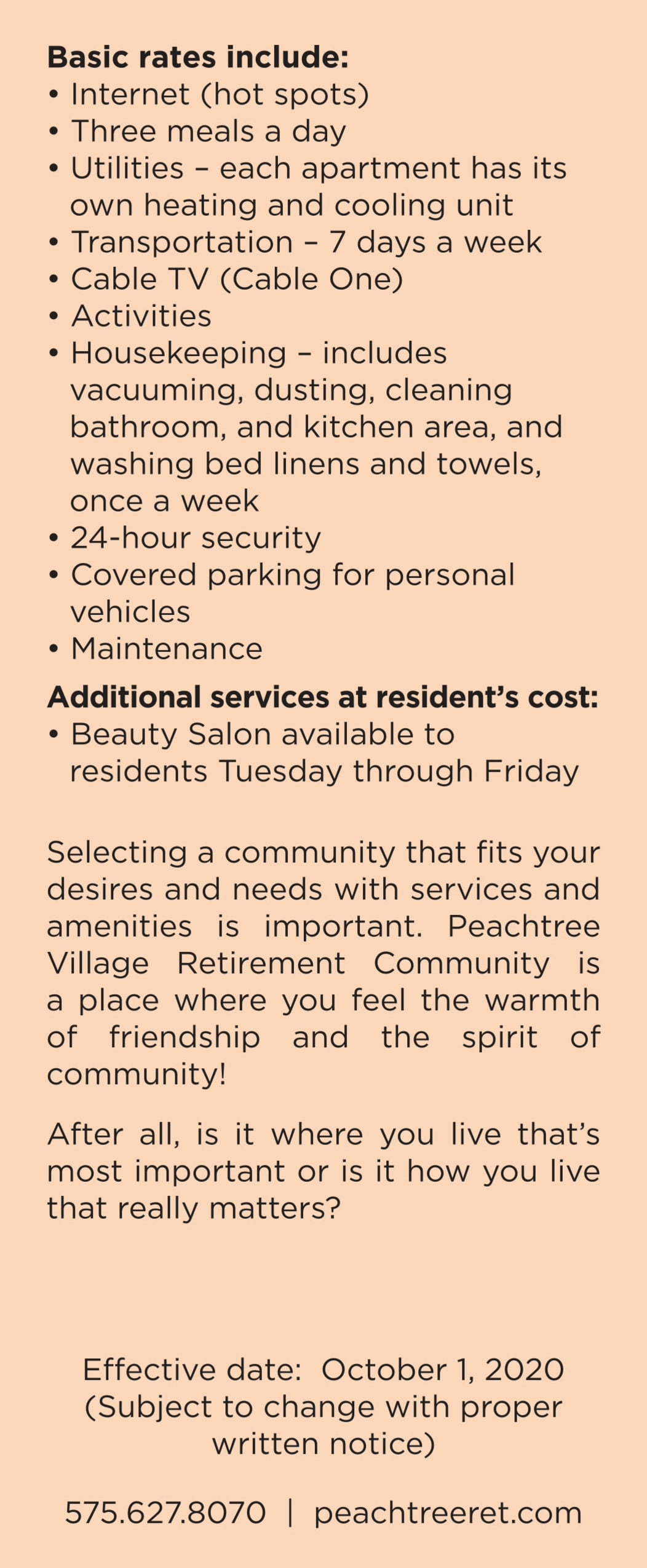 Rates at Peachtree Village Retirement Community