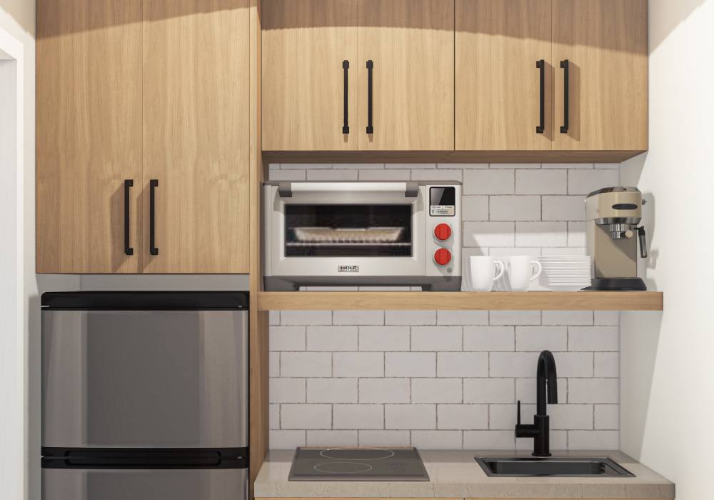 Bright kitchen with wooden cabinets at Bellevue Ridge Apartments in Bellevue, Washington