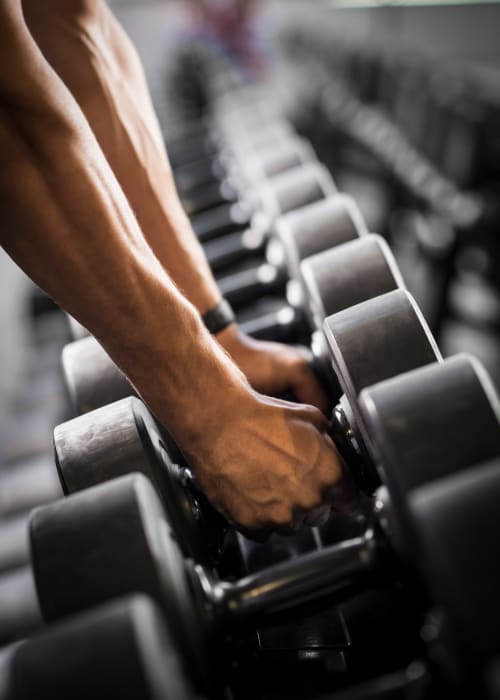 Resident picking up weights at River Pointe in Bethlehem, Pennsylvania