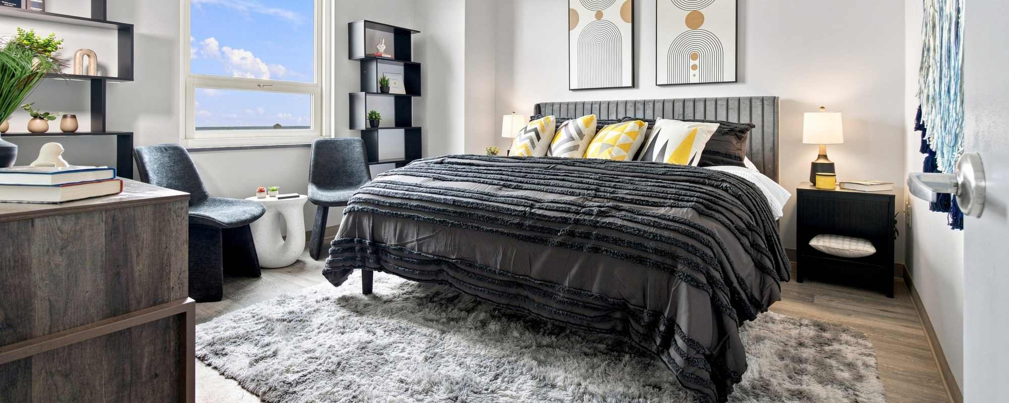 Bedroom with king size bed at The Simone in Silver Spring, Maryland