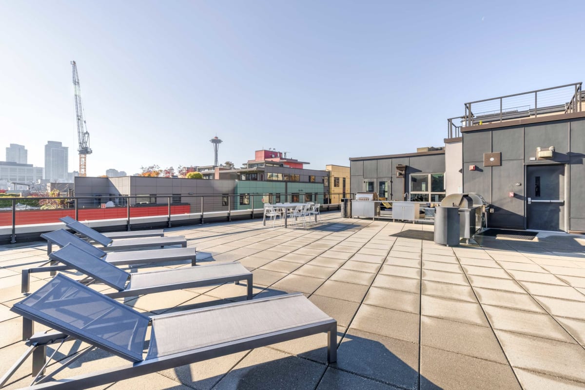 Lounge chairs on the roof deck at Union SLU in Seattle, Washington