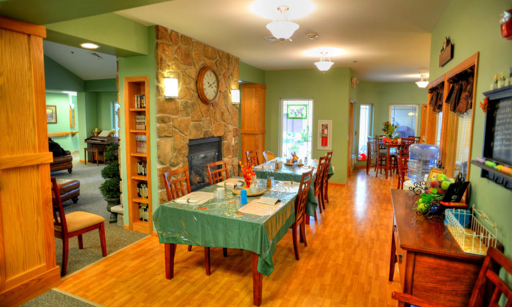 Dining room and fireplace at The Residences on Forest Lane in Montello, Wisconsin