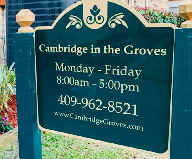 Signage at Cambridge in the Groves in Groves, Texas