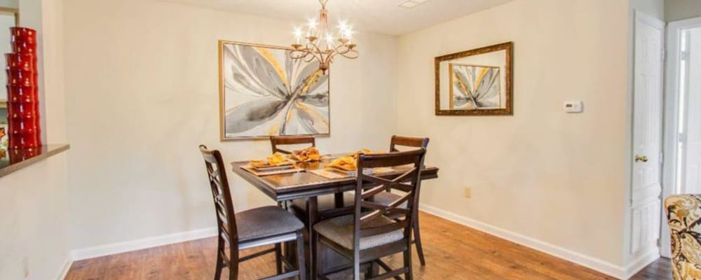 A set dining room table in an apartment at The Gables in Ridgeland, Mississippi