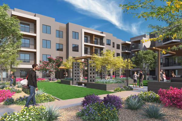 Rendering of courtyard with lush landscaping at Alexan Park West in Peoria, Arizona