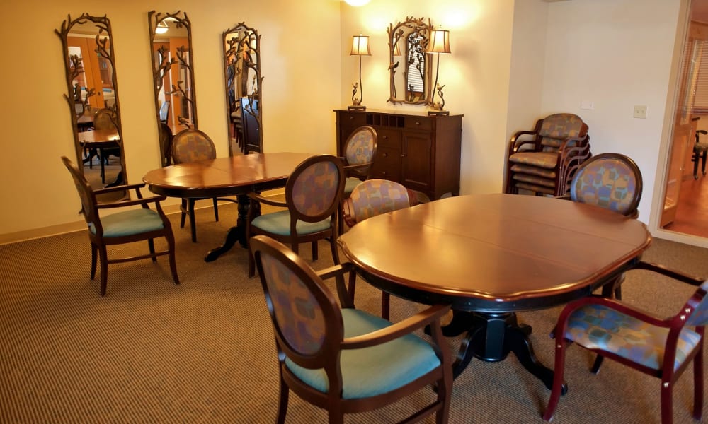 Warmly lit cafe dining area at Fair Oaks Health Care Center in Crystal Lake, Illinois