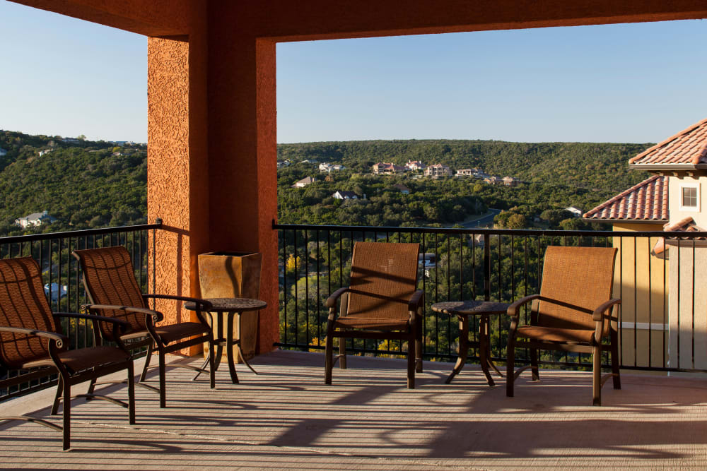 Open air lounge with panoramic views at West Lake Vistas in Austin, Texas