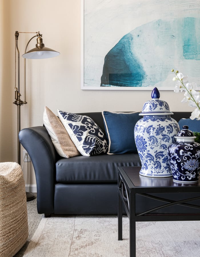 Beautiful living room of a model student apartment at River Pointe in Carrollton, Georgia