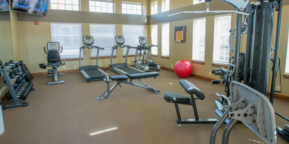 Fully equipped fitness center at Mission Point Apartments in Moore, Oklahoma