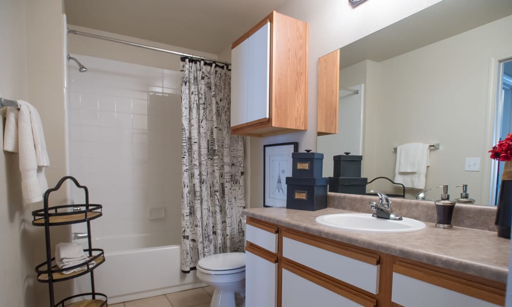 Spacious and clean model bathroom at Villas at Stonebridge in Edmond, Oklahoma