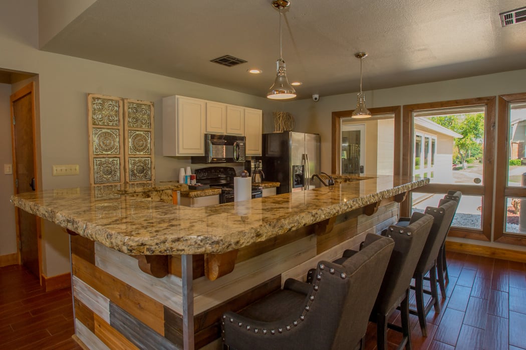 Kitchen area in the clubhouse for residents at Sheridan Pond in Tulsa, Oklahoma
