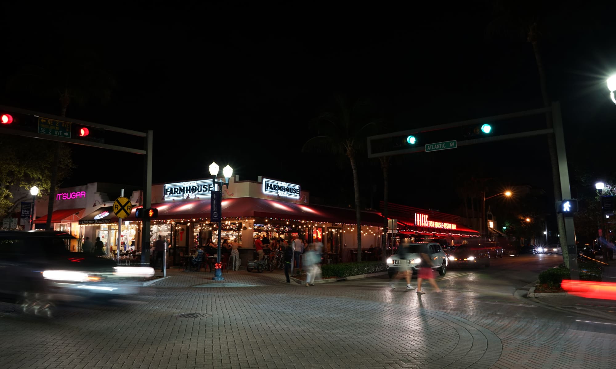 Night view of street near Delray Station in Delray Beach