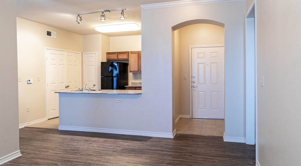 Well-equipped kitchen with granite countertops and hardwood plank style flooring at Blue Ridge in Midland, Texas