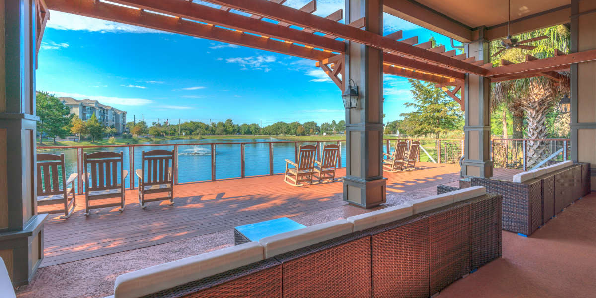 Community entertainment area offering a stunning view of the lake at Edgewater at Klein in Spring, Texas