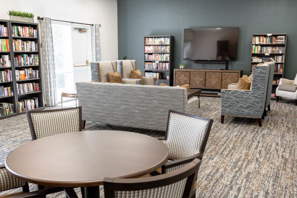 Community library and reading area at The Springs at Lancaster Village in Salem, Oregon