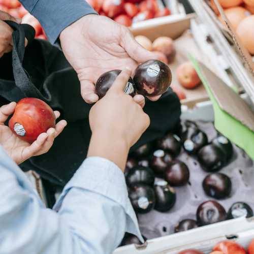 Father and child selecting fresh produce at American Can Apartments in New Orleans, Louisiana